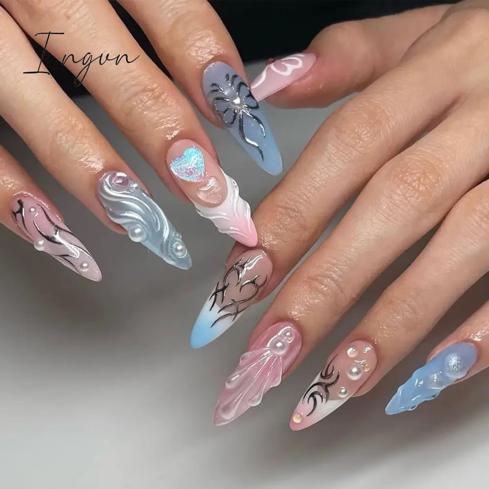 24pcs 3D Flower Fake Nail Patch French Almond Summer Sea Shell Decor False Nail Full Cover Wearable Press on Nails Tips for Girl