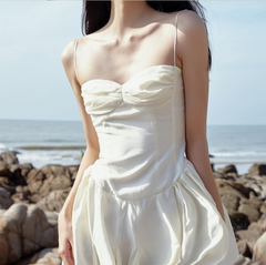 Solid Charmeuse Bandage Backless Sleeveless Shirring Lace-up Dress Summer Women Woods Elves Style Streetwears