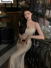 Summer Women Sexy Spaghetti Strap Evening Party Prom Club New Elegant Backless Split Satin Long Dresses Female Vestidos
