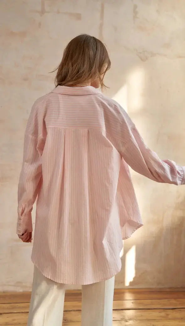Ingvn  Chic Striped Women Shirt Loose 100% Cotton Shirts Tops Ladies Casual Lapel Oversized Lace Up Blouse Women Tops Blouse