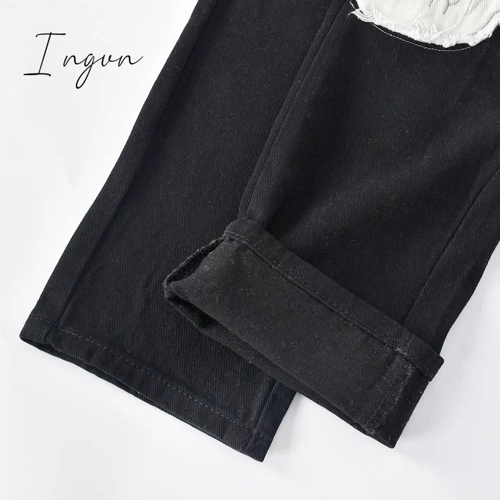 Ingvn - Womens Fashion Skull Patterned Low Rise Jeans Streetwear Women Clothing Black Denim Trousers Cyber Y2k Aesthetic Goth Pants C82-DI53