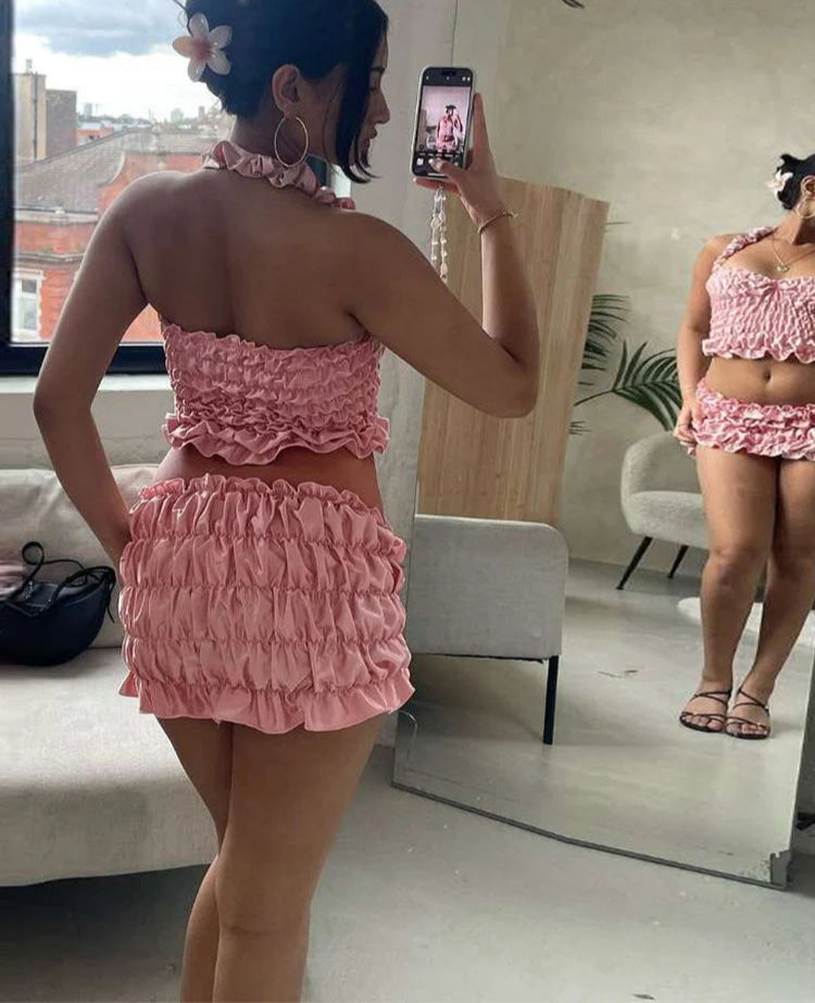 Solid Women 2Piece Set Sexy Summer Elastic Halter Backless Slim Crop Tanks+Matching Ruched Ruffle Skirts Clubwear