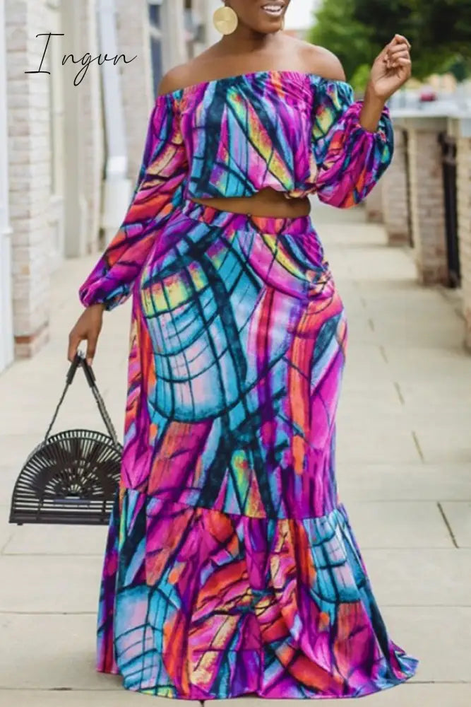 Ingvn - Red Plus Size Casual Print Patchwork Off the Shoulder Straight Plus Size Two Pieces