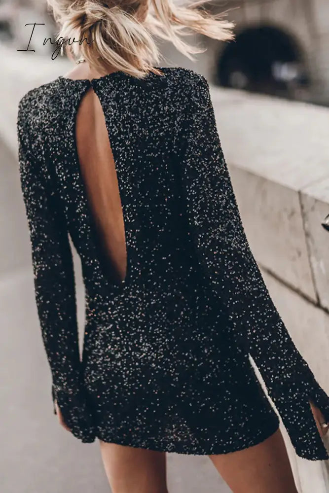 Ingvn - Casual Solid Sequins Buttons O Neck A Line Dresses