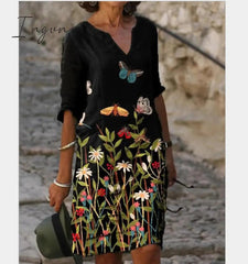 Ingvn - New Women Printing Dress Summer V-Neck Half Sleeve A-Line Dresses Female Retro litera Vintage Loose Dress Vestidos