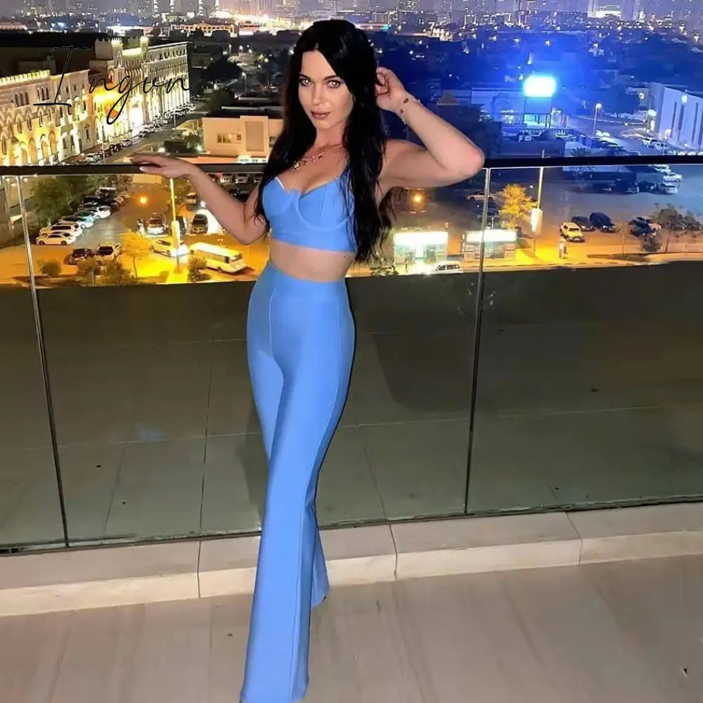 Ingvn - Summer New Women's Fashion Sexy Bandage 2 Two-piece Set Sleeveless Tight Short Top &  High Waist Flared Trousers Pants Set