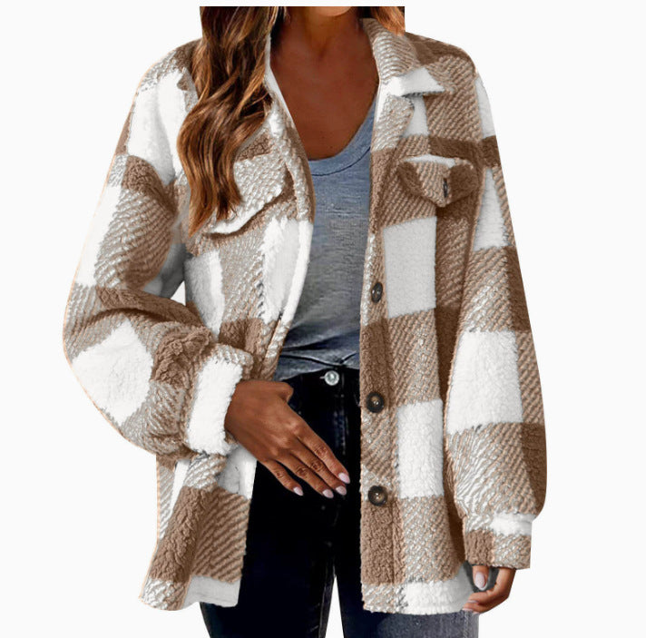Autumn and Winter Open Button Lapel Plush Plaid Coat Plaid Pattern Button Front Jacket Warm