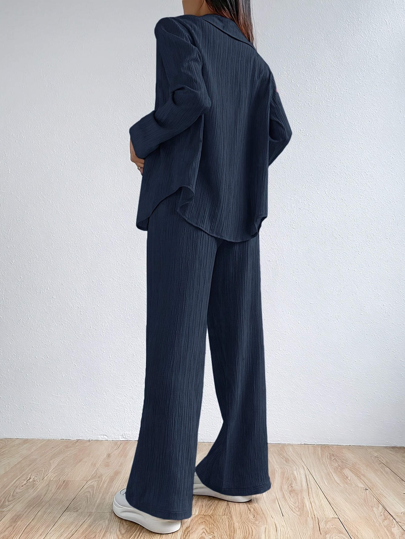 Stylish Solid Color Pantsuits - Women's Clothing - Long Sleeve Button Front Collared Shirt, Elastic Waist Wide Leg Pants, Comfortable Outfits for Daily Wear, Office, Party, and Casual Occasions