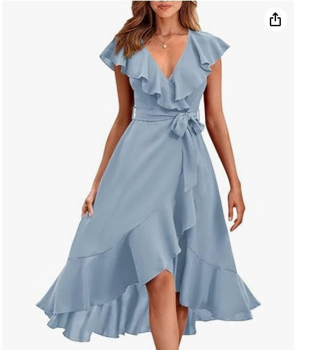 new V-neck short sleeve ruffled long temperament lace-up dress