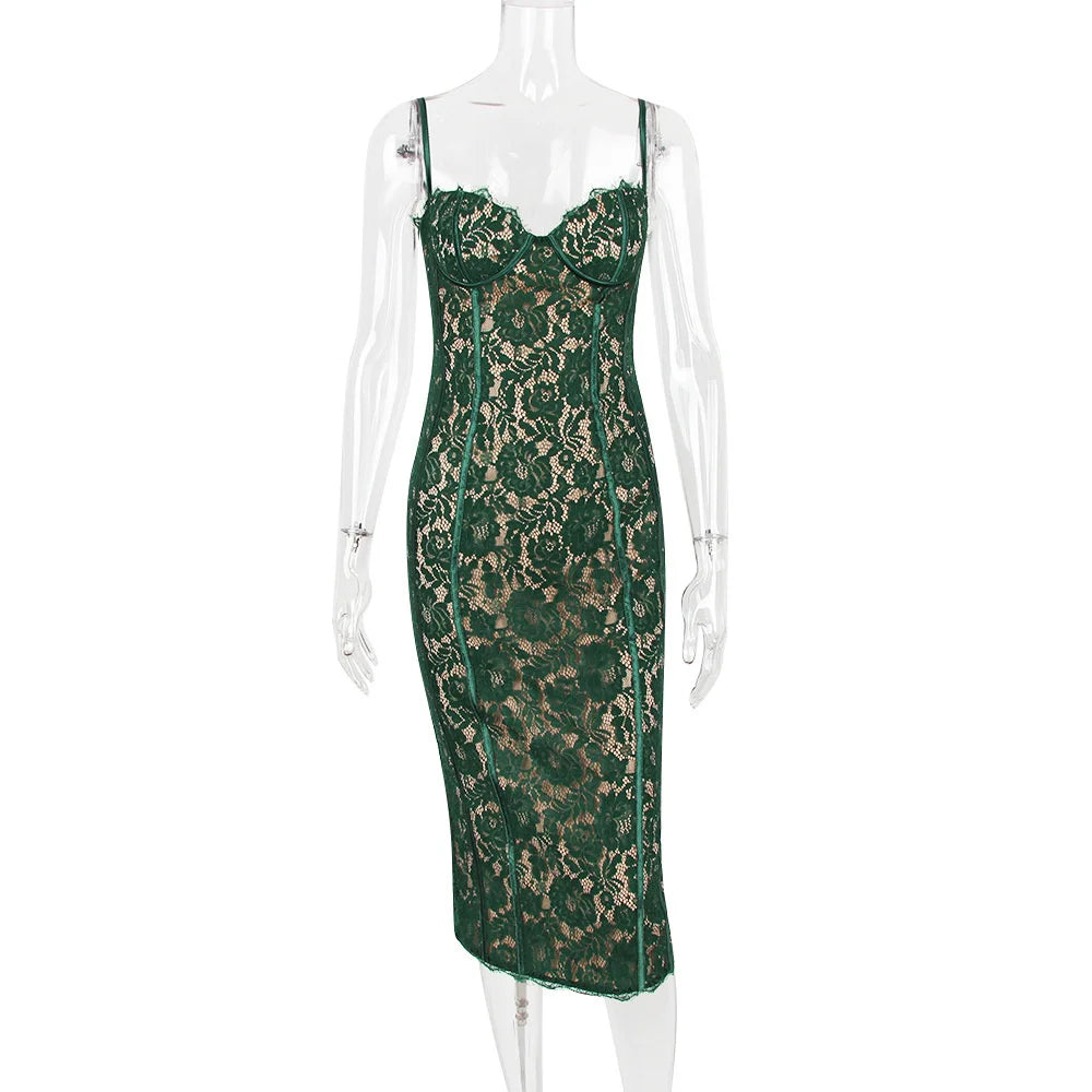 Spaghetti Strap Lace Sexy Midi Dress For Women Gown  Green Sleeveless Backless Club Party Printed Long Dress Vestidos