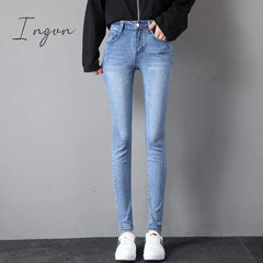 Ingvn - Black Women Autumn Washed  Jeans Mid Waist Y2k Cotton Fashion Chic All-match Pants Slim Shinny Stretch Casual Denim Pencil Jeans
