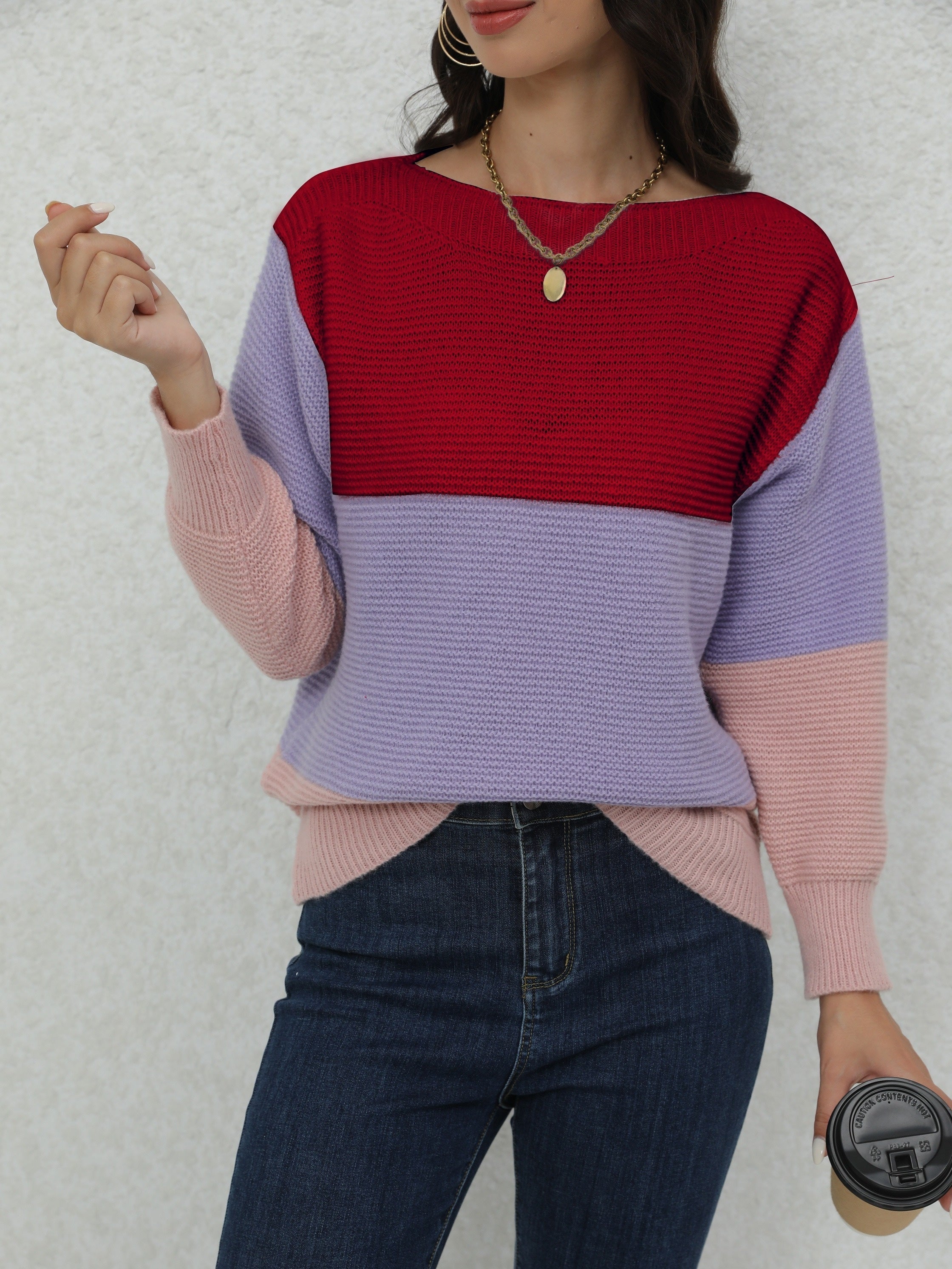 Color Block Boat Neck Pullover Sweater, Casual Long Sleeve Loose Sweater, Women's Clothing
