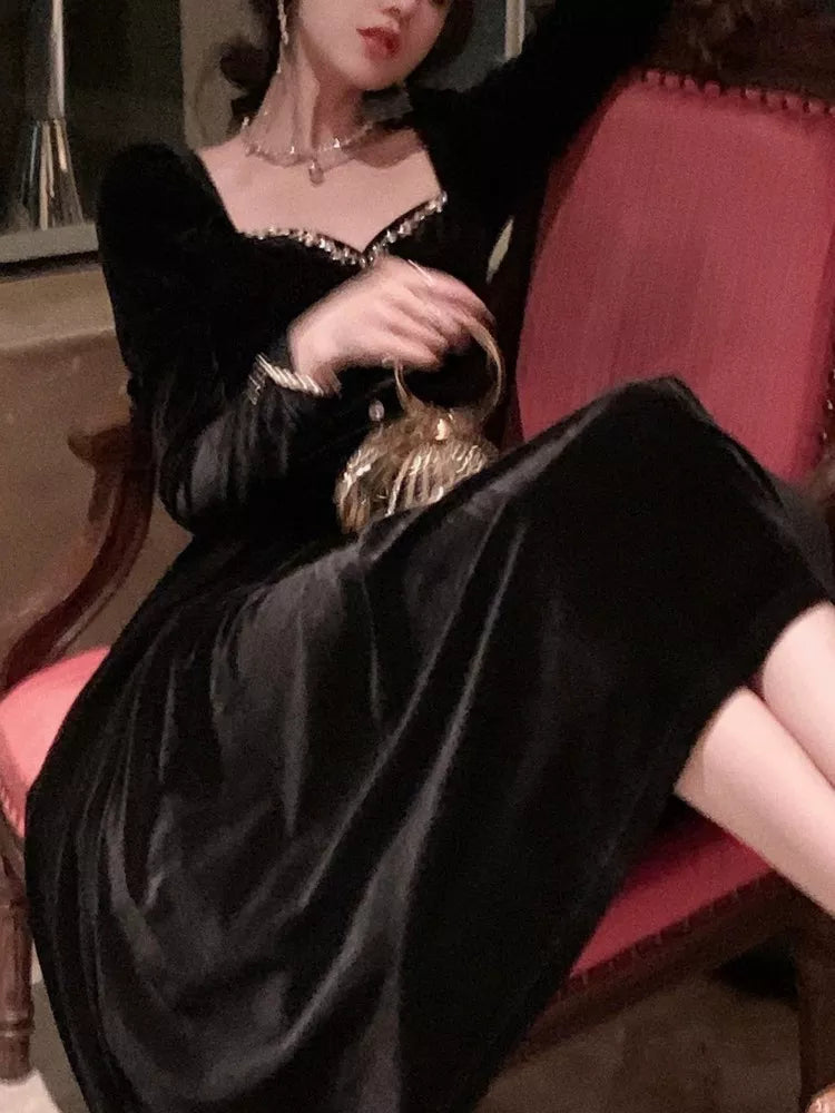 Vintage Velvet Women's Dresses Autumn Black Bodycon Evening Party Dress Korean Style Elegant Long Sleeve Graduation Vestidos