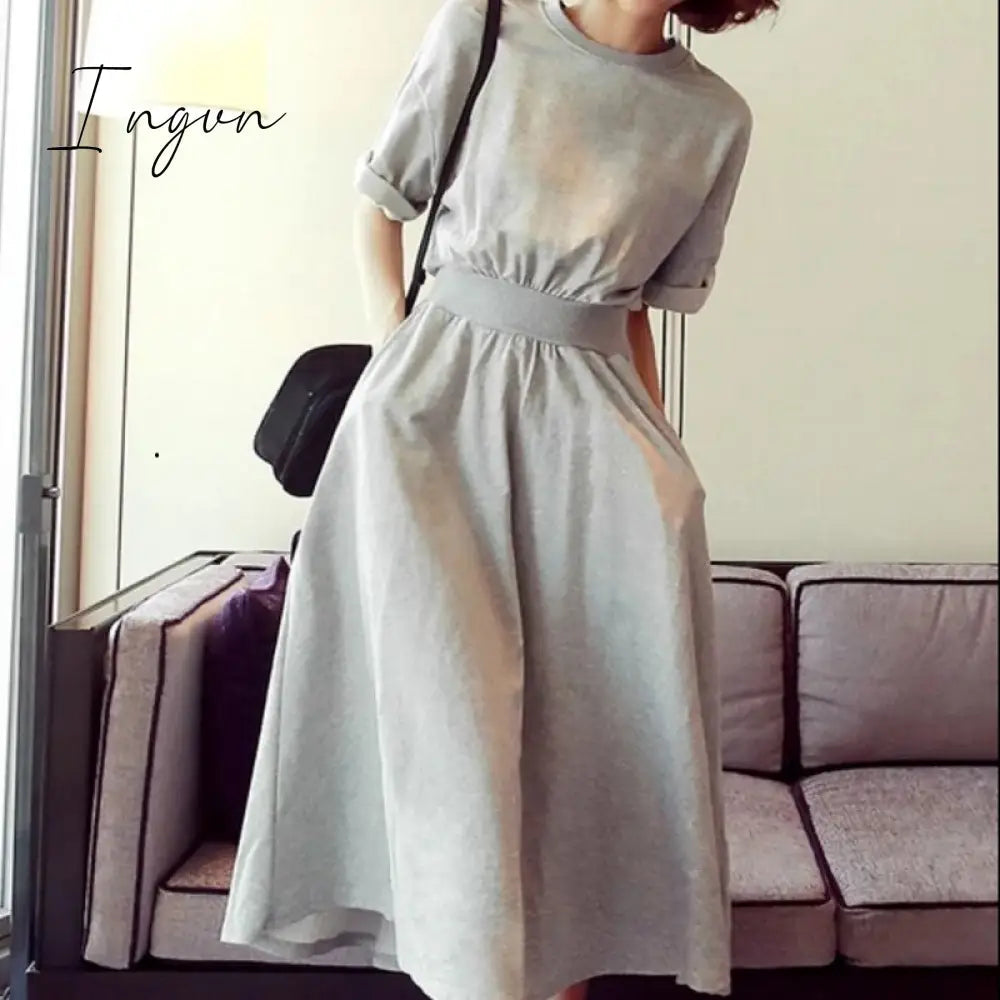 Ingvn - Round neck high waist Korean style dress