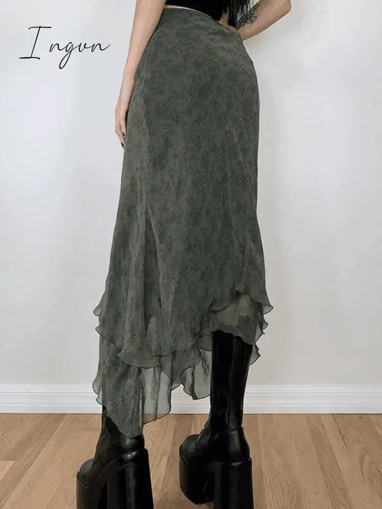Ingvn - Irregular Floral Pattern Midi Skirt
