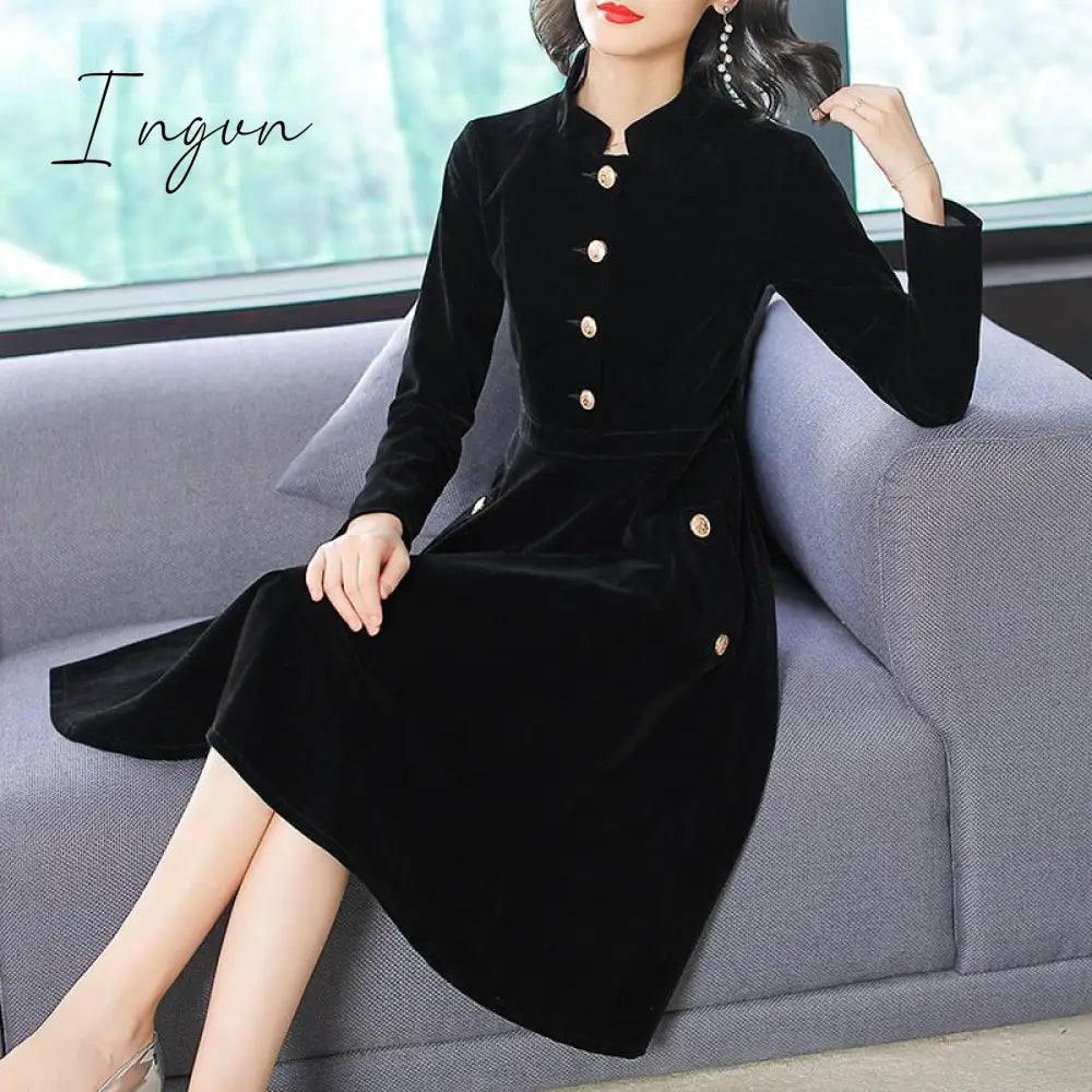 Ingvn - New Autumn And Winter Women European And American Hepburn Style Dress Black Thin Retro Velvet Collar