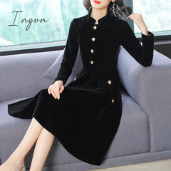 Ingvn - New Autumn And Winter Women European And American Hepburn Style Dress Black Thin Retro Velvet Collar