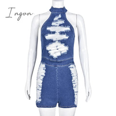Ingvn - 2023 New Denim Jumpsuit Women Sexy Halter Hollow Out Tassel Distressed Skinny Shorts Romper Casual Streetwear Y2K One Pieces