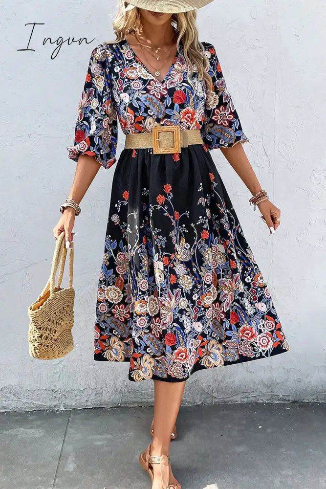 Ingvn - Elegant College Floral With Belt V Neck A Line Dresses(3 Colors)