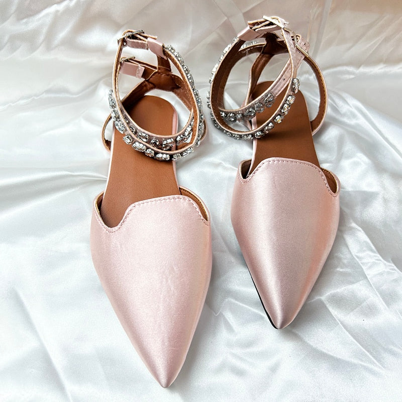 Shiny Crystal Flat Heels Gladiator Sandals Women Summer Pointed Toe Pink Party Shoes Woman Plus Size 42 Ankle Straps Pumps