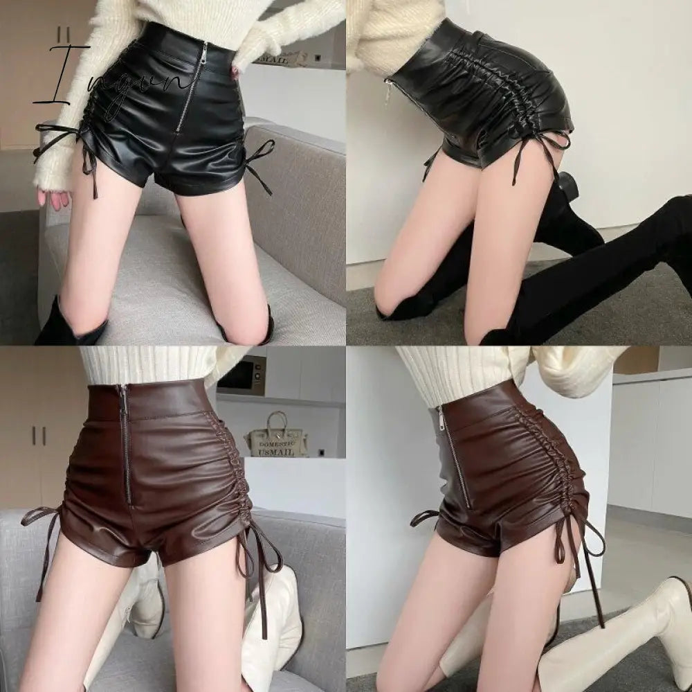 Ingvn - New Sexy Women Black Ultra Pu Leather Shorts Women's Autumn And Winter High Waist Bottoms Tight Sexy Shorts