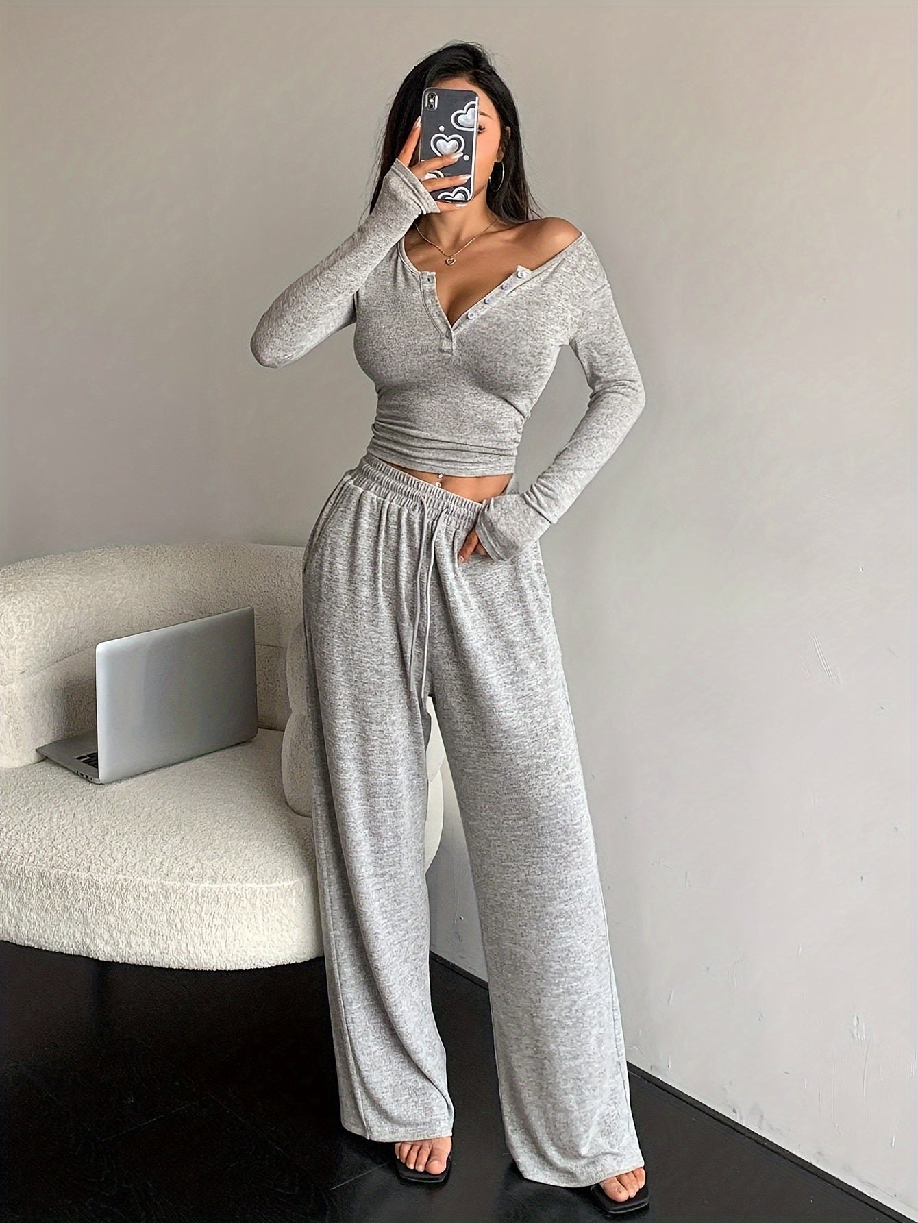 TWO-PIECE SET - Chic Long Sleeve Top with Button Front & Drawstring Waist Wide Leg Pants - Comfortable, Versatile, and Flattering Outfit for Women's Everyday Wear