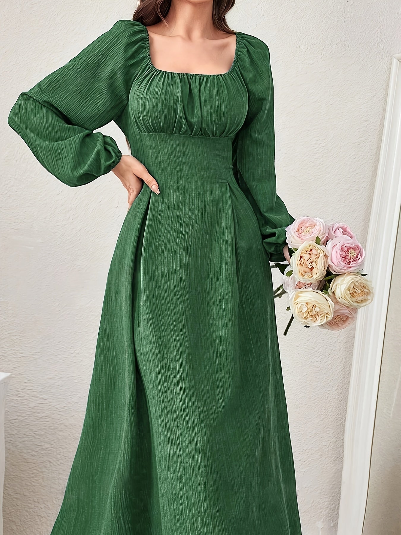 Stunning Textured Cross Tie Lantern Sleeve Midi Dress - Elegant Square Neck, Drawstring Waist, Semi-Sheer, Solid Color, Polyester, Machine Washable, Customized Fitted Design for Women - Perfect for Spring and Fall Seasons
