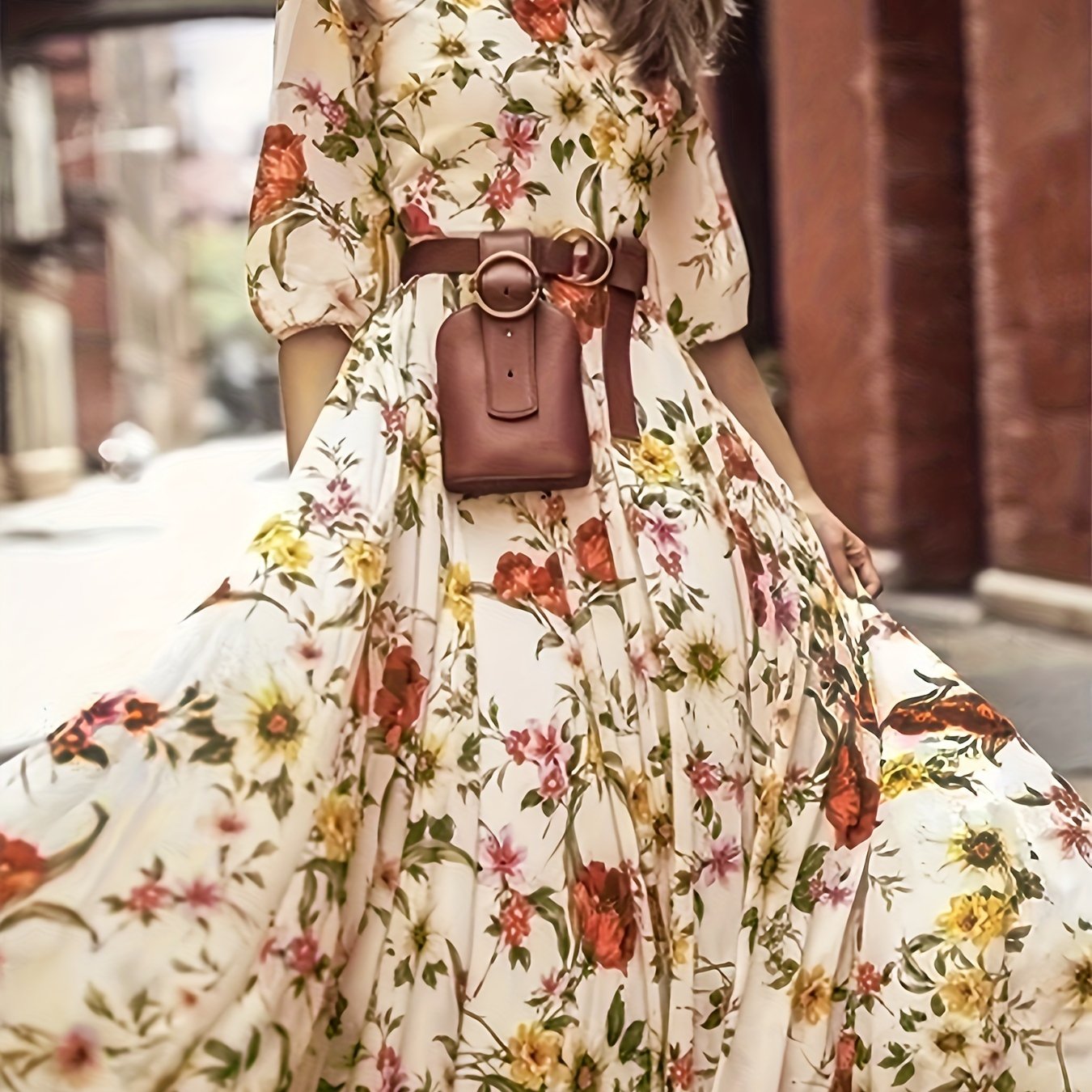 Charming Floral Print A-line Dress - Stylish & Elegant Crew Neck Design with Half Sleeves - Perfect for Spring & Summer - Comfortable Womens Clothing for Versatile Wear