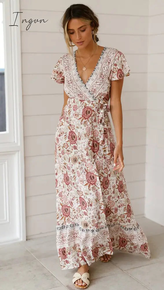 Ingvn - Vintage chic vestidos women Floral print bat sleeve beach long Bohemian maxi dress Ladies sexy V neck  Summer Boho happie  dress