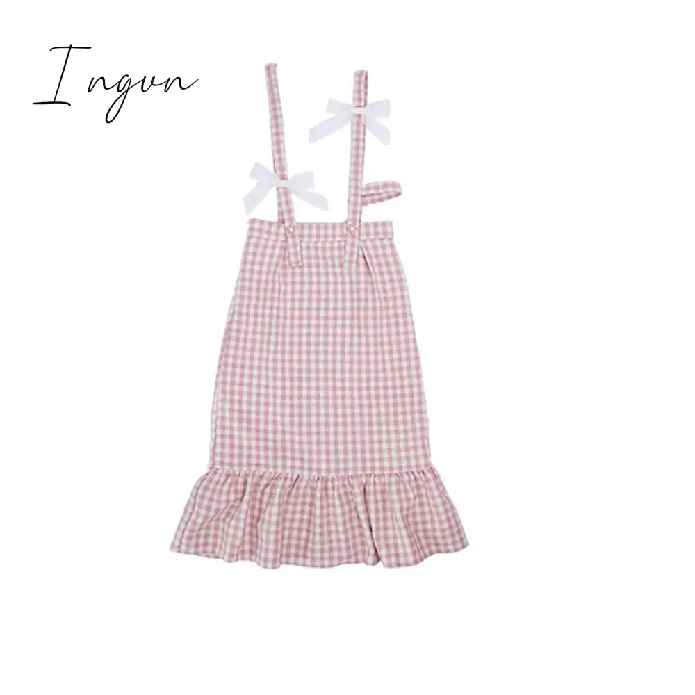 Ingvn - Spring Japanese Kawaii Plaid Strap Skirts Women Sweet Bow Designer Party Midi Skirt Female Casual Korean Fashion Cute Skirt