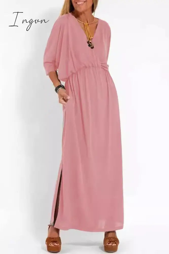 Ingvn - Casual Simplicity Solid Pocket Slit V Neck A Line Dresses