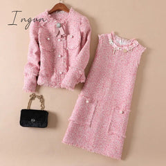 Ingvn - Trends 2023 high quality Brand Dress Sweet Diamonds Bead Pink Dress Robe Hiver Autumn Tweed Woolen Women Dress vestidos Robe Femme Jurken 2698