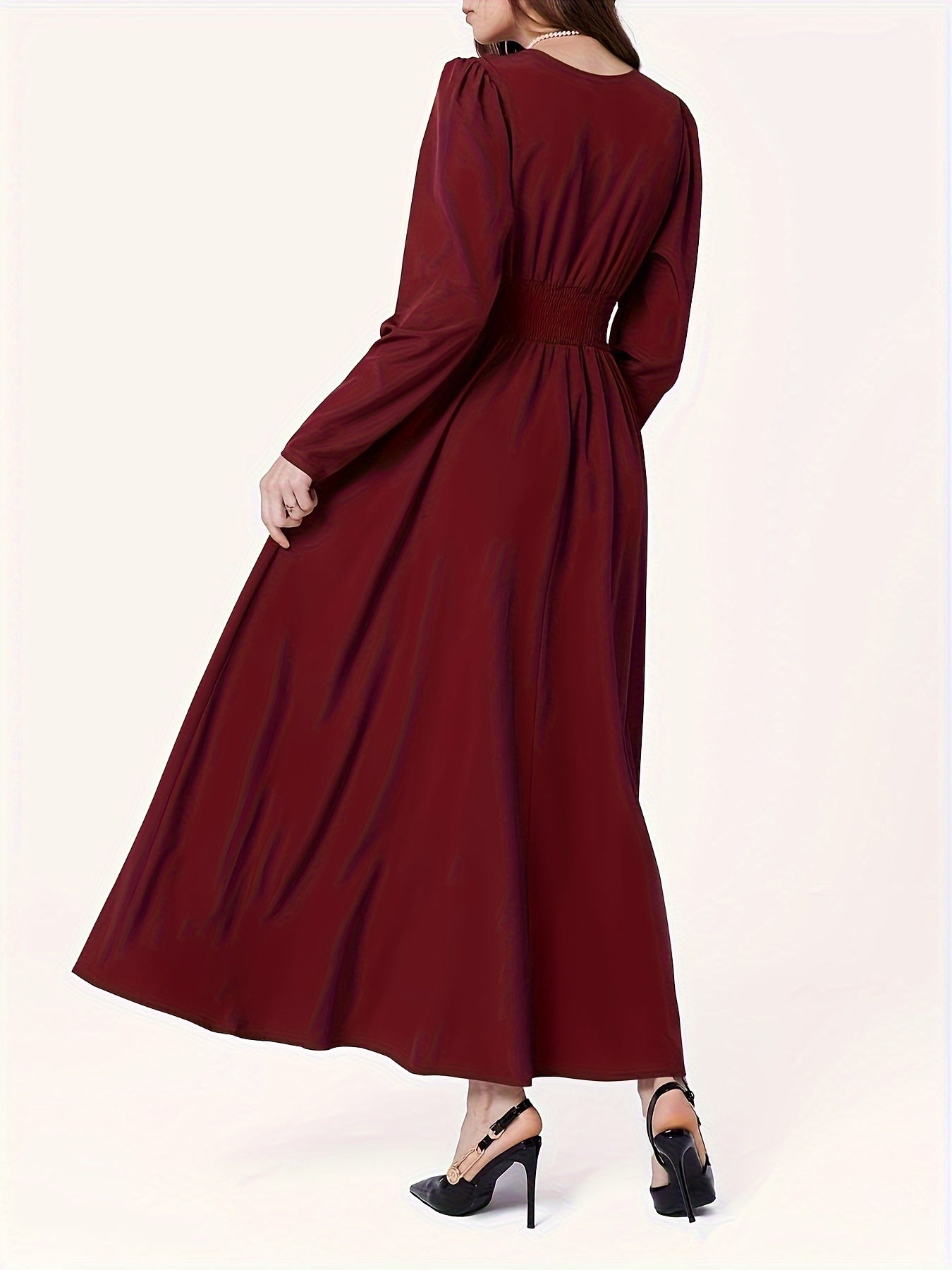 Deep V Neck Button Waist Dress, Elegant Long Sleeve Maxi Dress For Cocktail & Wedding Party, Women's Clothing