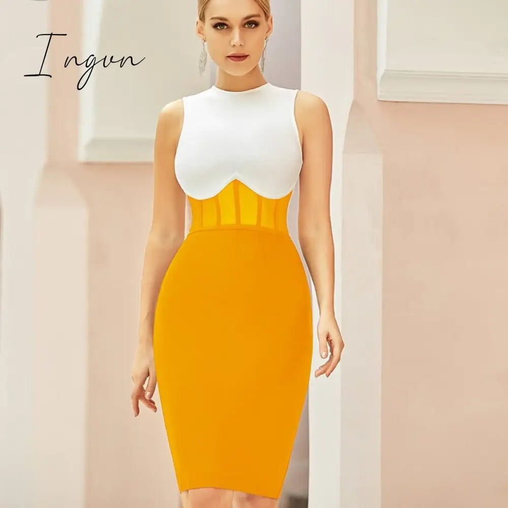 Ingvn - New Summer Tank Bodycon Club Bandage Dress Women Sexy Sleeveless Black Lace Midi Celebrity Evening Runway Party Dress