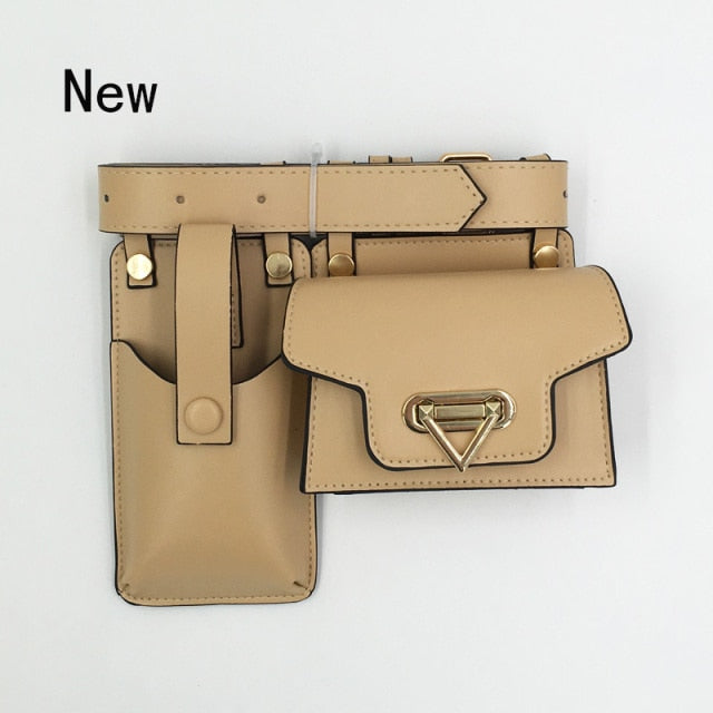 2 Piece Women's Belt Bag Luxury Designer Tactical Waist Bags Female Leather Flap Fanny Pack Shoulder Crossbody Chest Bag Purse