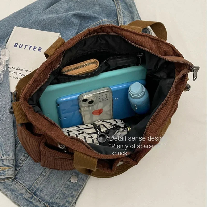 Ingvn  Large Capacity Corduroy Women Tote Bag Classic Korea Style Elegant Shoulder Bag Traveling Multilayer Thick Classy Crossbody Bag