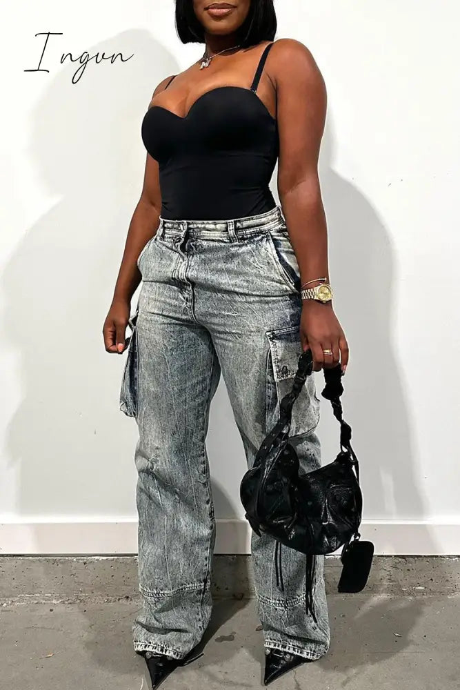 Ingvn - Casual Street Solid Make Old Patchwork Pocket Buttons Zipper Mid Waist Straight Denim Jeans