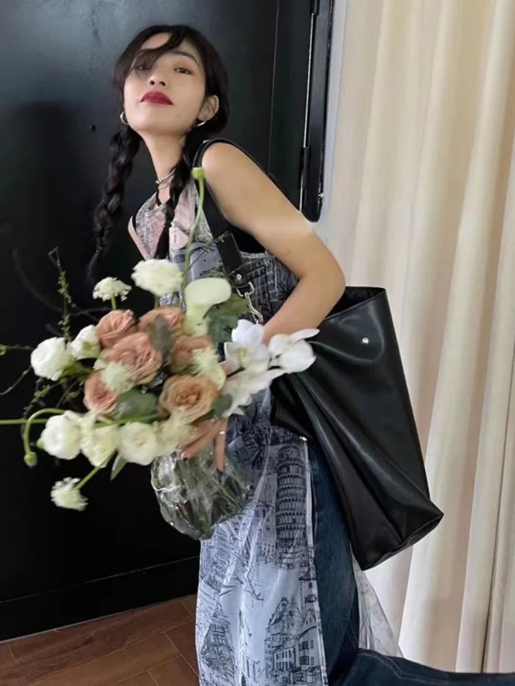 Summer Korean Fashion See Through Women Dress Y2k Aesthetic Newspaper Print O Neck Dresses Harajuku Vintage Sleeveless Vestidos