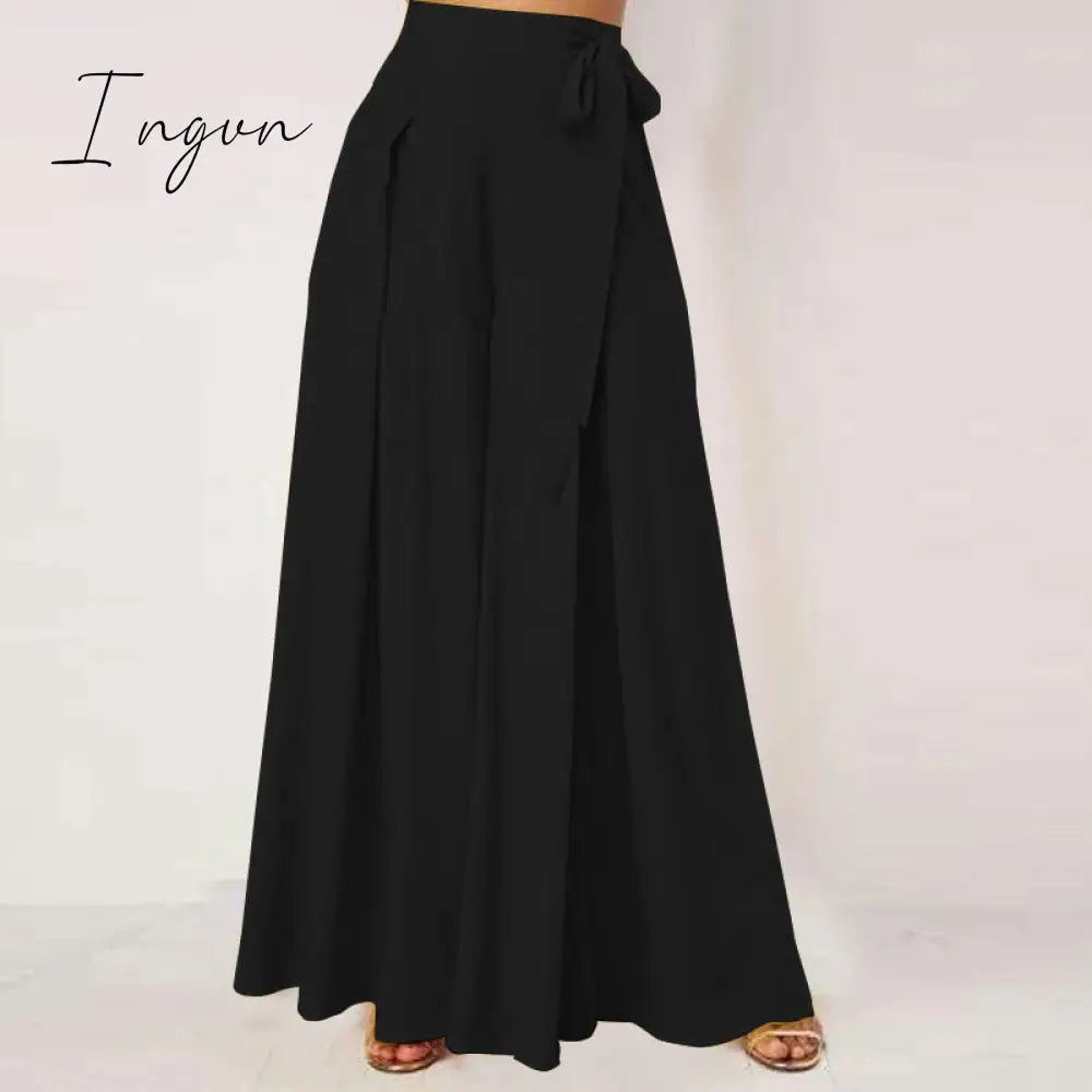 Ingvn - Elegant High Waist Solid Work Trousers Fashion Summer Women Loose Wide Leg Pants Palazzo Oversized Bow Tie Long Pantalon