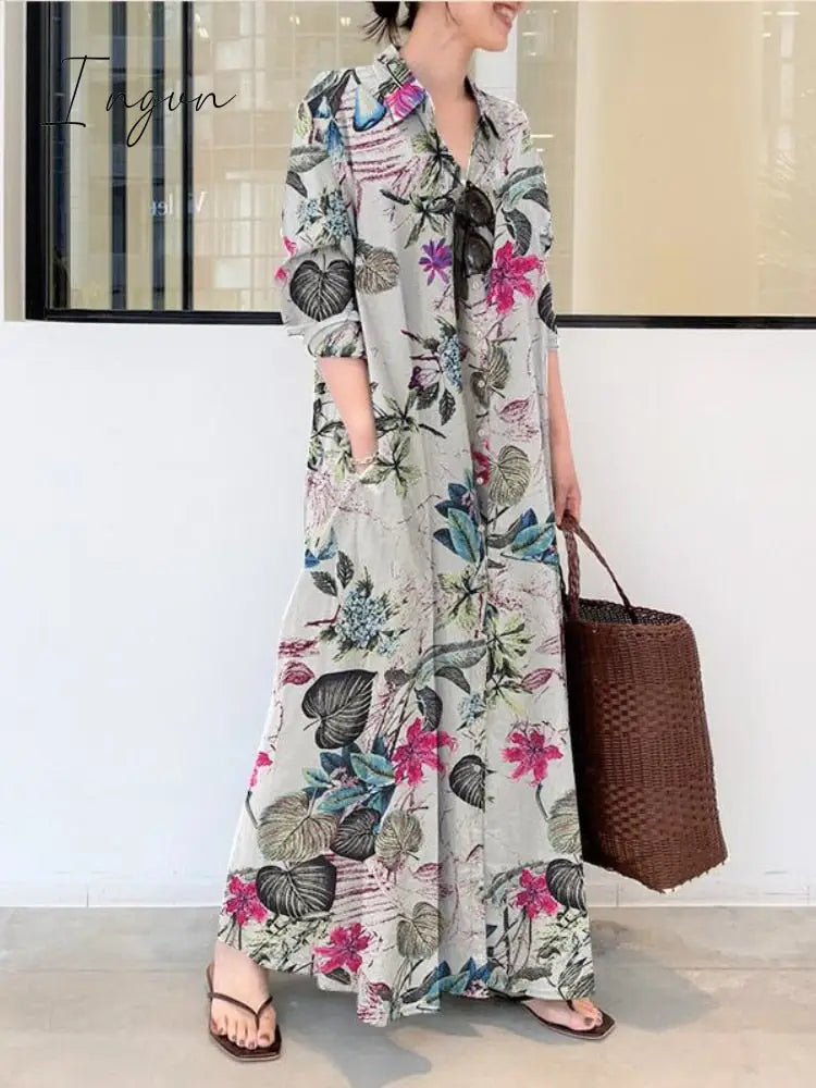 Ingvn - Summer New Dress Fashion Cotton Linen Striped Cardigan Loose Large Casual Temperament Commuter Irregular Women's Long Dress tops
