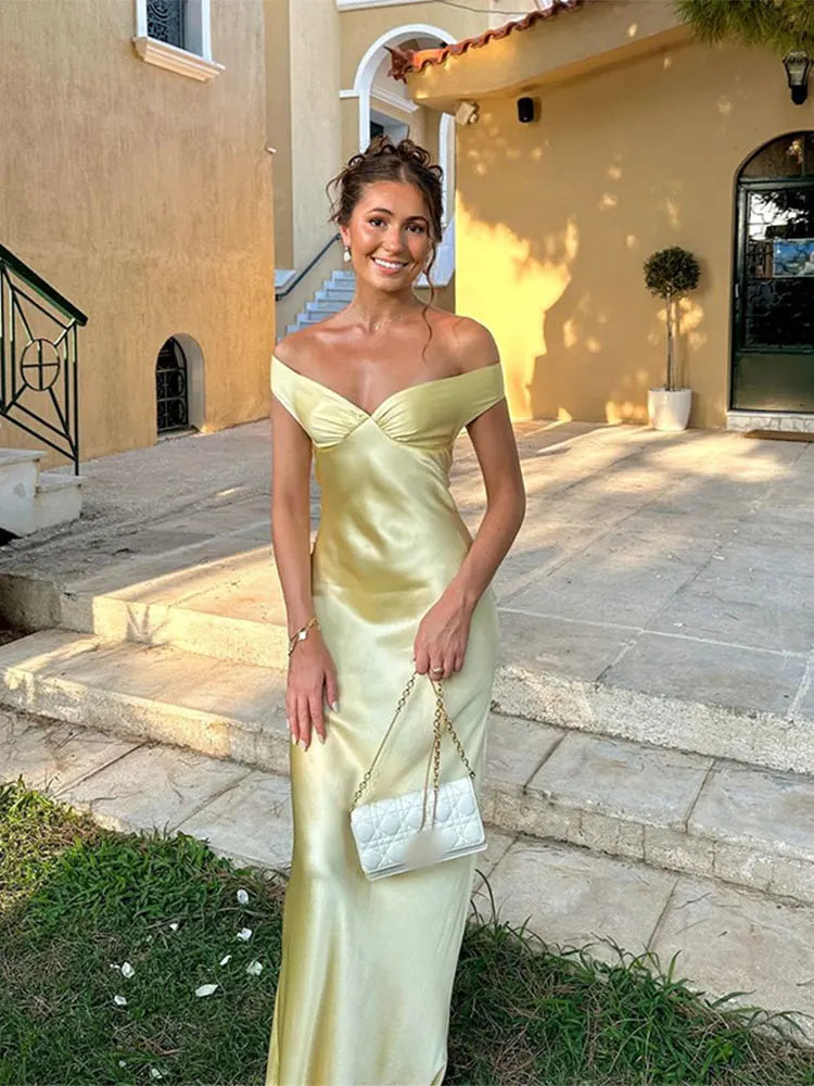 Elegant Satin Backless Party Maxi Dress For Women Fashion Off Shoulder Sleeveless Slim Long Robe New Lady Chic Evening Gown