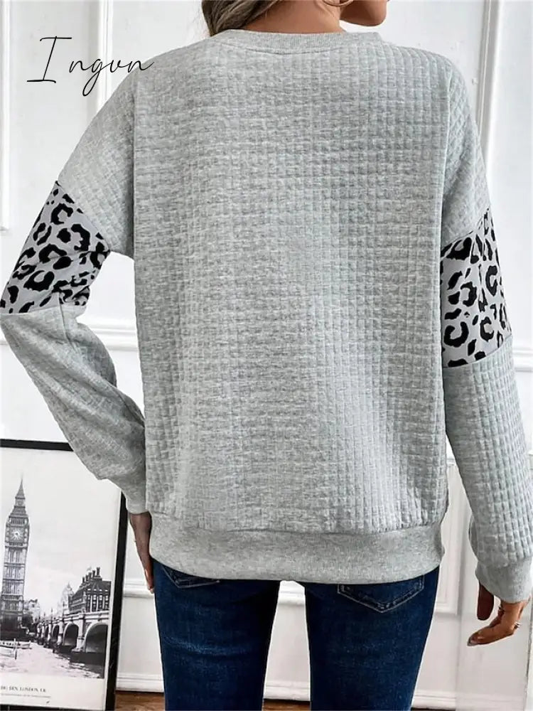 Ingvn - Women's Sweatshirt Pullover Basic Gray Leopard Casual Round Neck Long Sleeve Top Micro-elastic Fall & Winter