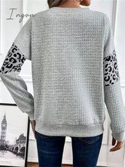 Ingvn - Women's Sweatshirt Pullover Basic Gray Leopard Casual Round Neck Long Sleeve Top Micro-elastic Fall & Winter