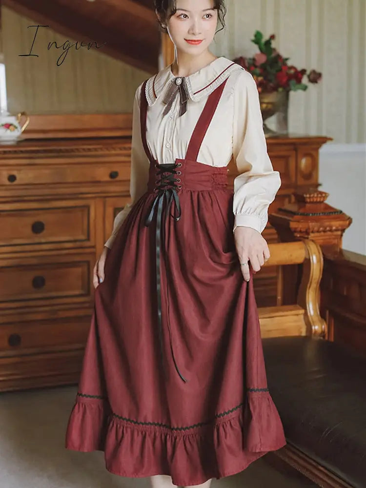 Ingvn - Spring Summer Women Long Midi Suspender Skirt Teen Girls Preppy Style Cute Lace-Up High Waist Ruffle A-Line Skirts