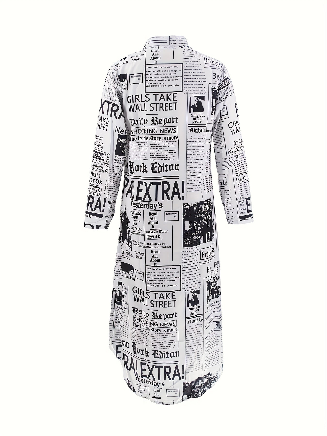 Chic Newspaper Print Womens Dress - Versatile Button-Down Style with Flattering Long Sleeves - A Fashionable Everyday Shirt Dress for Your Wardrobe