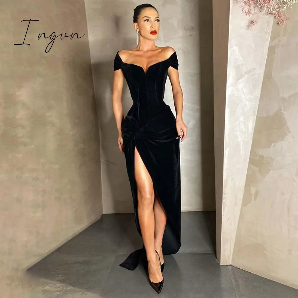 Ingvn - Autumn Winter Dress Women Off Shoulder Velvet Corset Prom Dresses Side Slit Bodycon Party Elegant Robe Vestidos