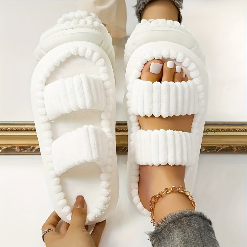 Chic Plush Double-Strap Slippers - Comfy Non-Slip Sole, Open-Toe Design - Stylish Indoor Footwear