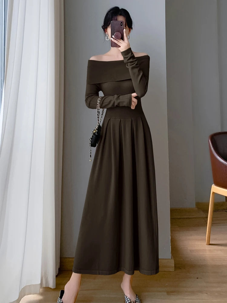 Sexy Off Shoulder Evening Dress for Women Solid Long Sleeve Slim Waist Party Vestidos Mujer Elegant One Piece Prom Robes Femme