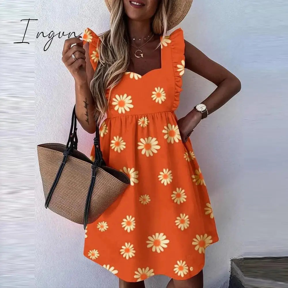 Ingvn - Elegant Butterfly Sleeve Ruffle Mini Dress Casual Square Collar Print Party Dress Women Summer Loose Pocket Beach Dress Vestidos