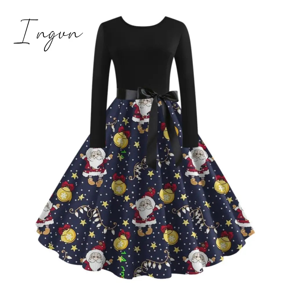 Ingvn - Christmas Halloween Costumes  Retro Positioning Print Party Casual Long Sleeve Round Neck Swing Dress